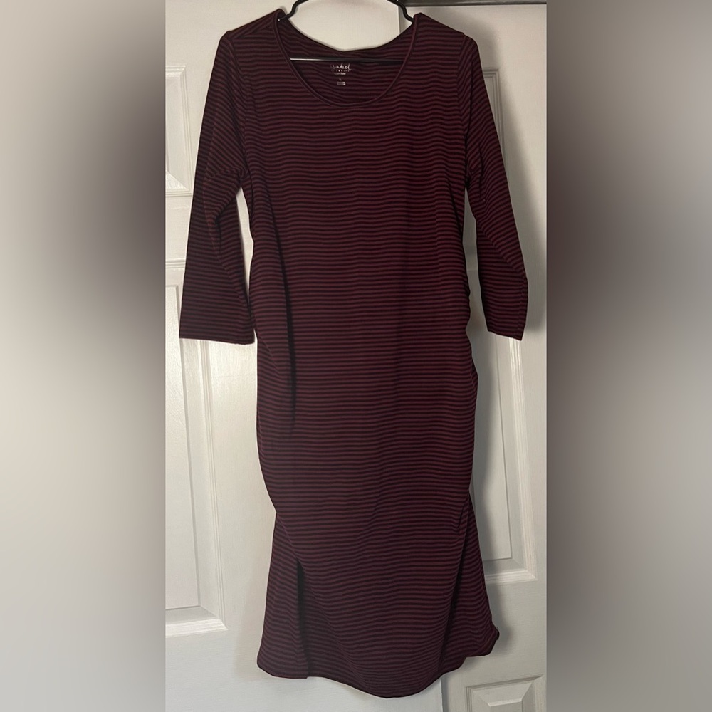 Isabel Maternity by Ingrid & Isabel Maroon and Navy Striped 3/4 Sleeve Dress